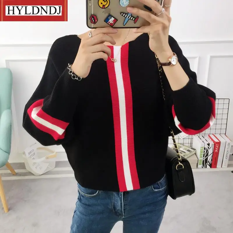 Women Sweater Pullover Stripe Contrast Color Bat Sleeve Knitted Jumper Loose Short Tops Outwear Pull Femm 2023 New Autumn Winter
