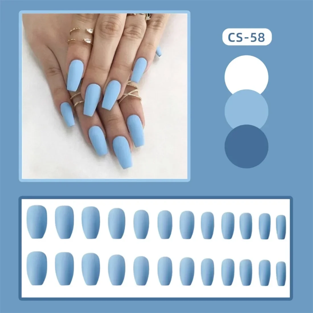 

24pcs Artificial Acrylic Nail Art Fake Nails Full Coverage Removable Press On Nails Medium Length Frosted Blue Nail Art tips set