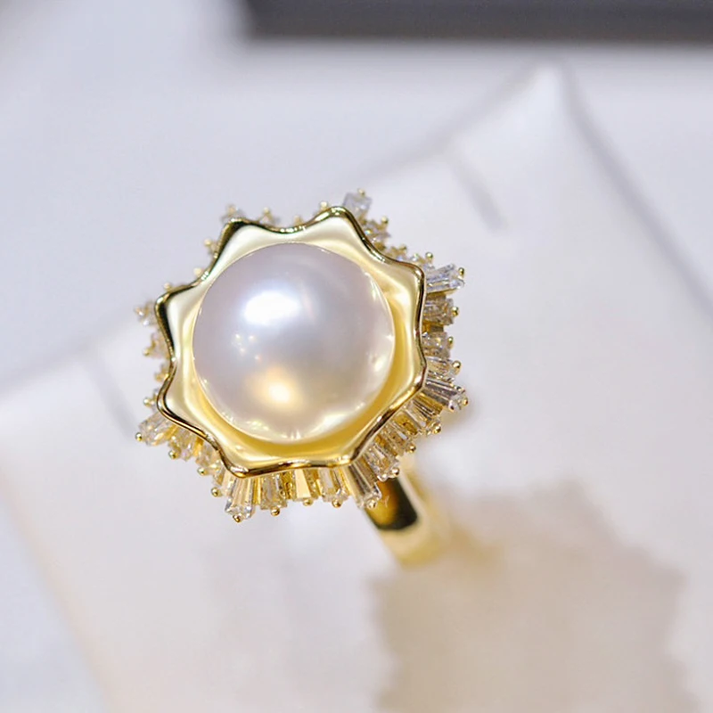 

MeiBaPJ 11-12mm Natural Big Pearl Fashion Flower Ring 925 Sterling Silver Fine Wedding Jewelry for Women Empty Tray