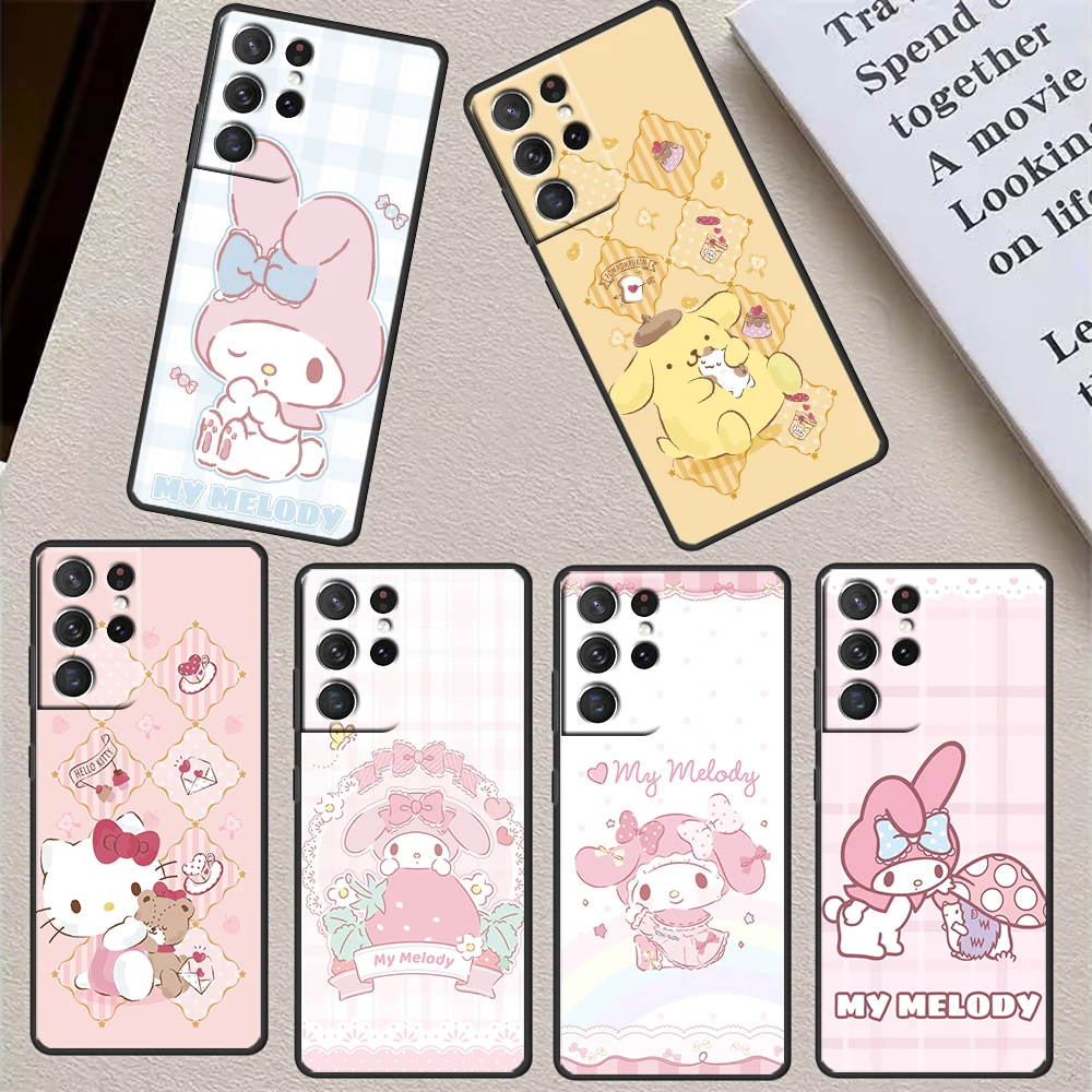 

Melody Hello Kitty Kuromi For Samsung S23 S22 S21 S20 FE Ultra Pro Lite S10 S10E S9 Plus 5G Soft Black Phone Case Cover