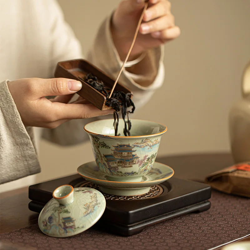 Керамический китайский чайный набор Sancai Gaiwan керамика ручной работы цветная