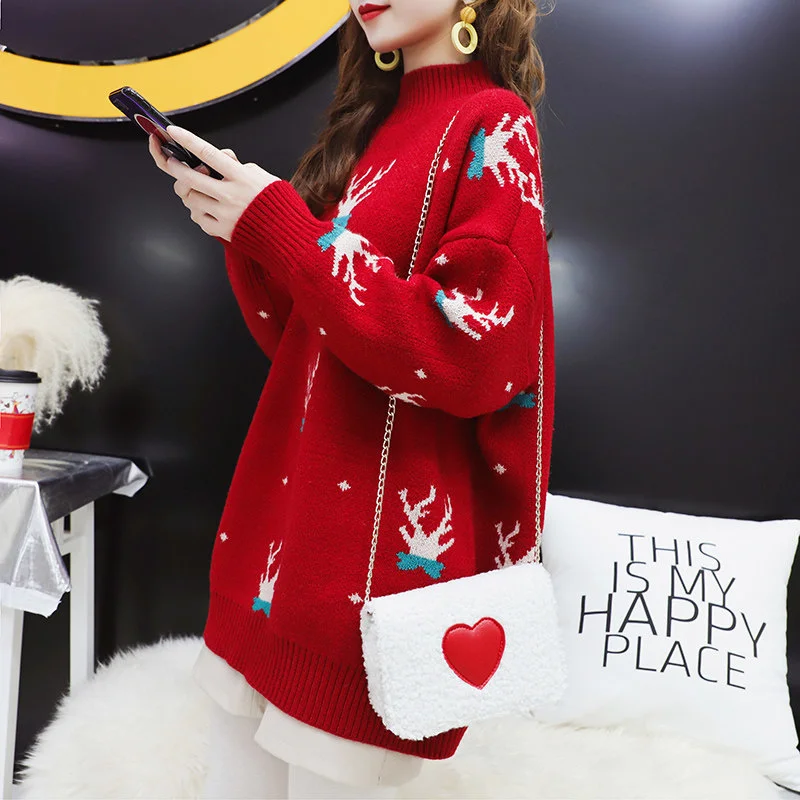 

Red Black Christmas Classic Deer Print Half Turtleneck Knitted Pullover Women Loose Tops Winter Thick Warm Sweater Femme