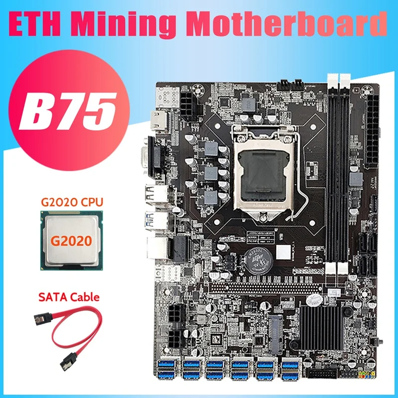 B75 USB ETH Mining Motherboard+G2020 CPU+SATA Cable 12XPCIE To USB3.0 DDR3 MSATA LGA1155 B75 BTC Miner Motherboard