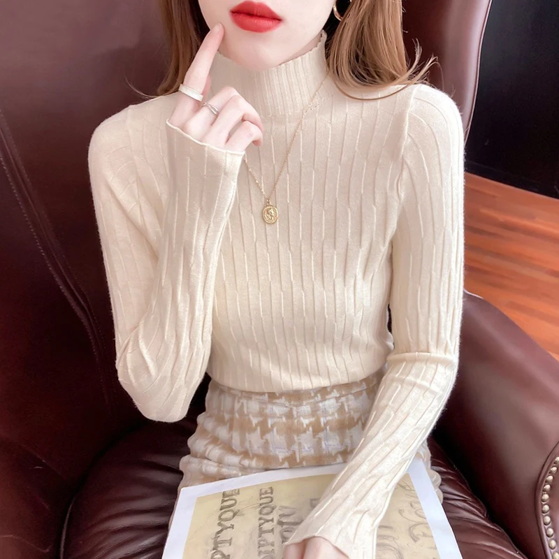 

Autumn Half Turtleneck Knitted Sweater 2023 Women Fashion Casual Long Sleeve Tops Winter Bottom Jumper Pullover Sweaters 28526