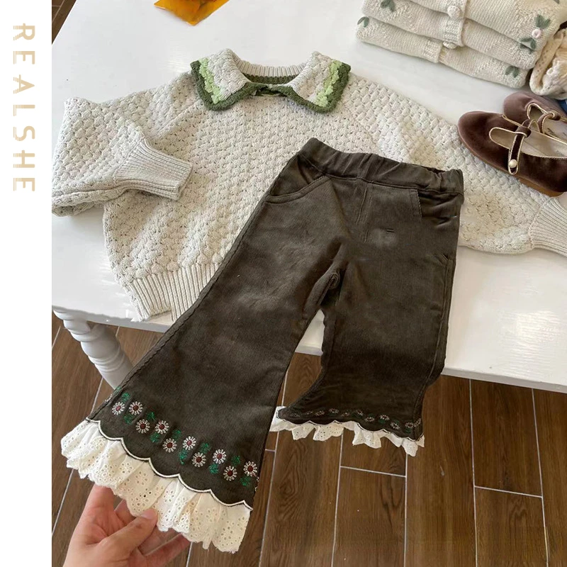 

Vintage Girls Flare Pants 2023 New Kid Baby Girls Clothes Floral Embroidery Pant Autumn Winter Children Girl Trousers