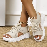 2022 women summer open toe solid color mesh sandals breathable platform lace up wedges beach shoes stretch orthotic footwear