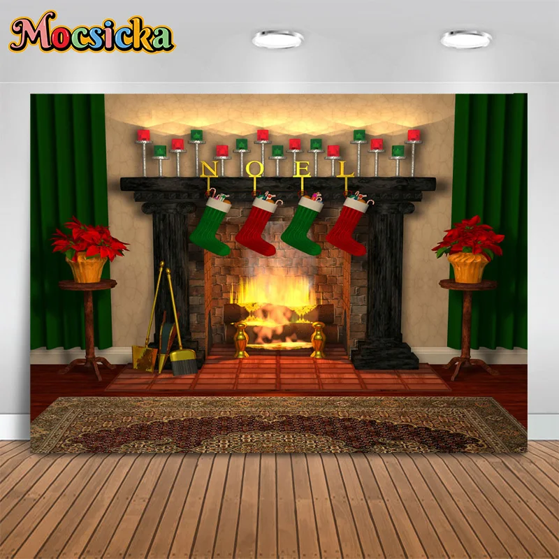 

Mocsicka Christmas Photography Backdrops Fireplace Stocking Lights Background Family Baby Shower kids Portraits Photo Studio