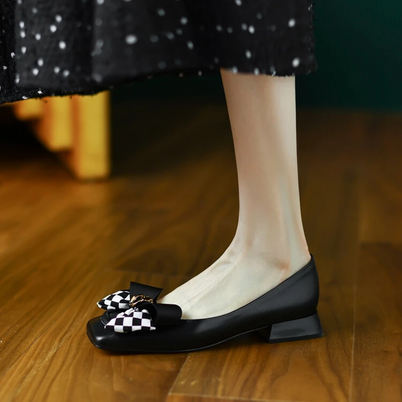 

2022 Spring/summer Woman Shoes Square Toe Low Heel Women Pumps Sheep Leather Bow-knot Shoes for Women Sweet Solid Slip-on Shoes