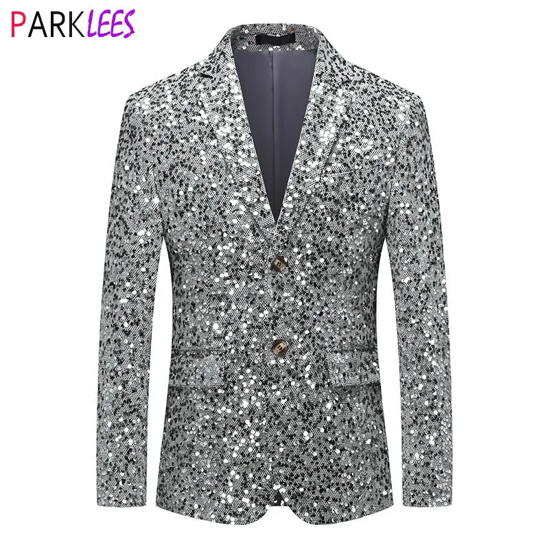 

Luxury Silver Sequin Giltter Nightclub Suit Slim Fit Single Breasted Dress Blazers Men Cocktail Party Wedding Prom Costume Homme