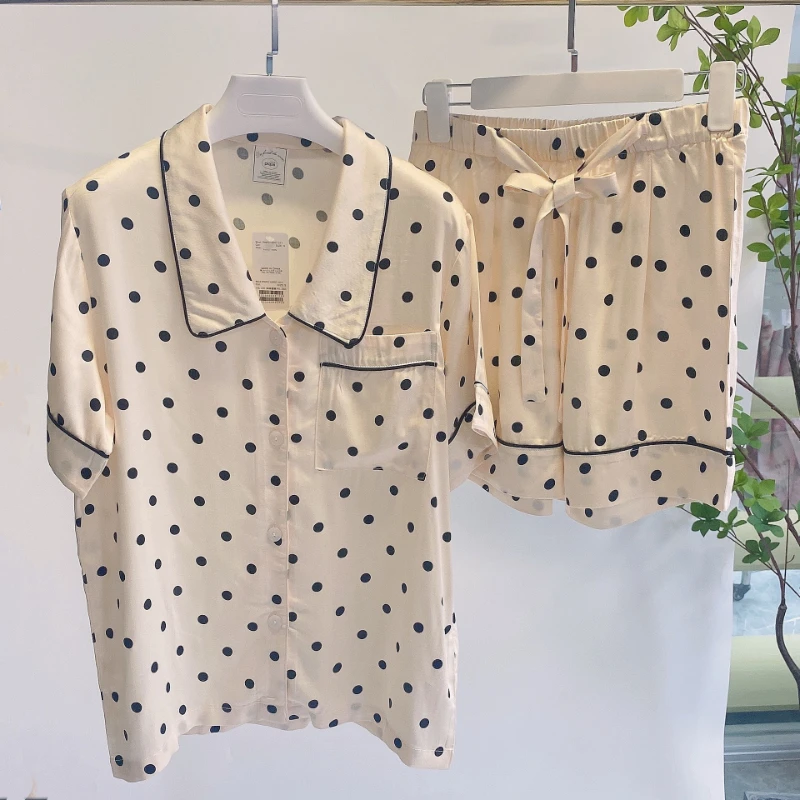 Summer Thin Cool Feeling Pajamas for Women Cotton Short-sleeved Shorts Sweet Style Sleepwear Suit Soft and Simple Loungewear