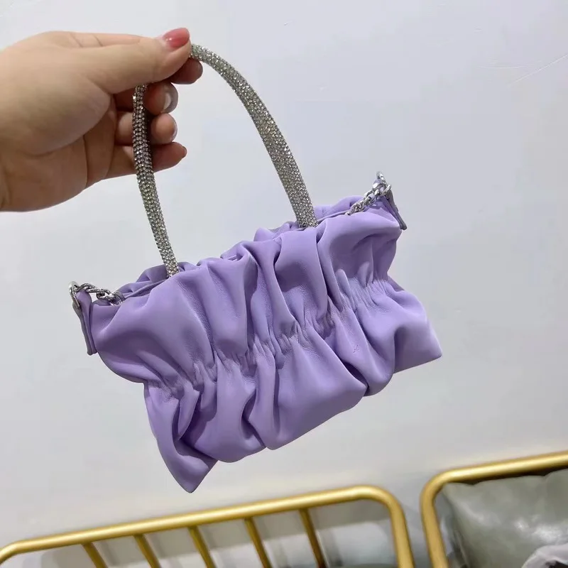 

Diinovivo Fashion Water Diamond Handle Handbag For Women Crossbody Bag Chain PU Shoulder Bag Pleated Cloud Design Tote WHDV2402