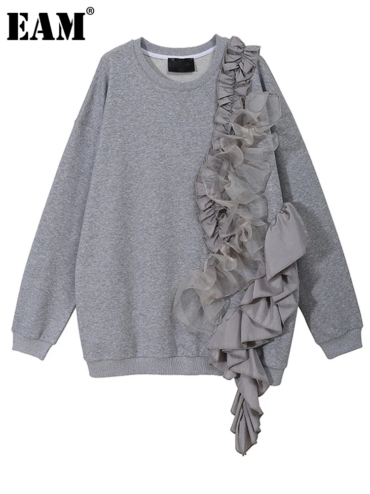 

[EAM] Loose Fit Gray Ruffles Irregular Sweatshirt New Round Neck Long Sleeve Women Big Size Fashion Spring Autumn 2022 1DE4967
