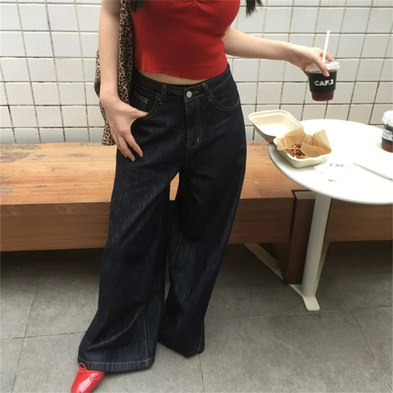 Женские свободные широкие темно-синие джинсы в стиле ретро модные брюки уличном