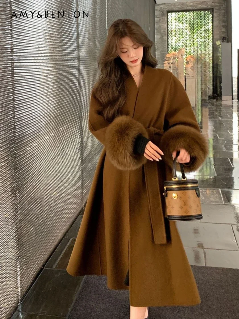 Осень-зима 2024 новое двустороннее кашемировое шерстяное пальто с v-образным