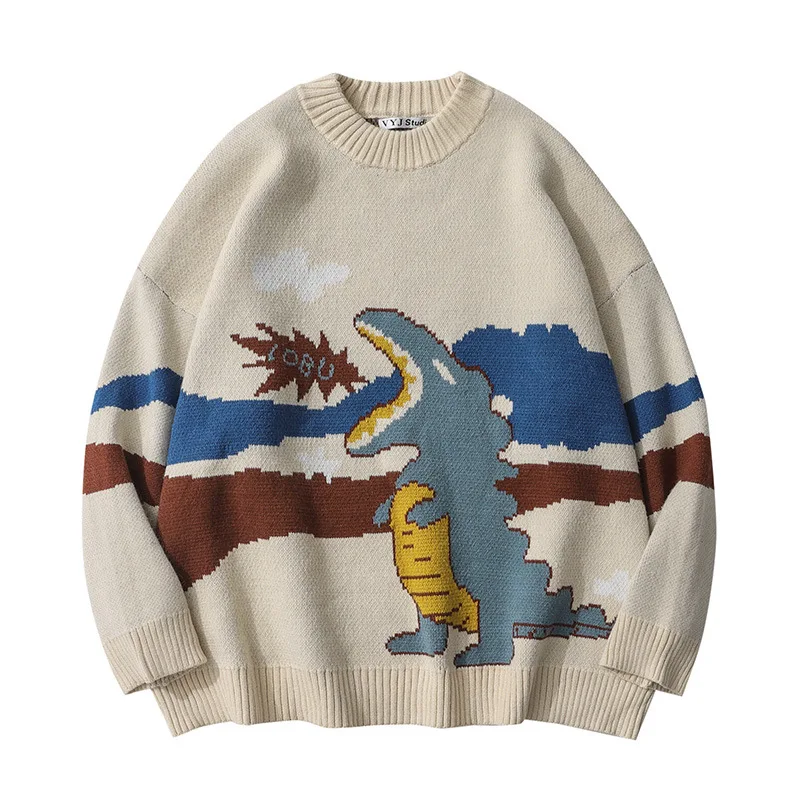 

Cartoon dinosaur jacquard sweater men's European neck sweater street trend loose pullover