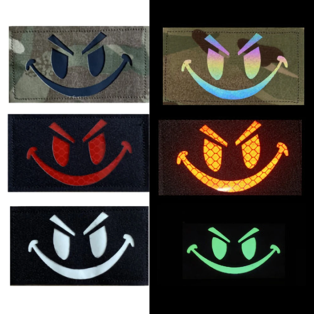 

Glow In The Dark Patch Evil Smiling Face Hook and Loop Infrared Reflective Military Tactical Badge Backpack Accessory Appliques