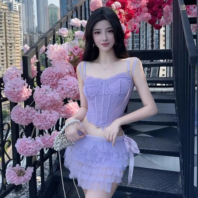 

Sexy Purple Skirt Set Women Camisole Outer Corset Fishbone Lace Vest + Puffy Skirt 2 Piece Set Summer Navel Revealing Tank Top