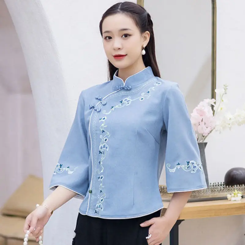 

Ципао женские топы Hanfu Весна 2022 смесь хлопка вышивка Традиционный китайский стиль ретро Тан костюм Qipao рубашки женские