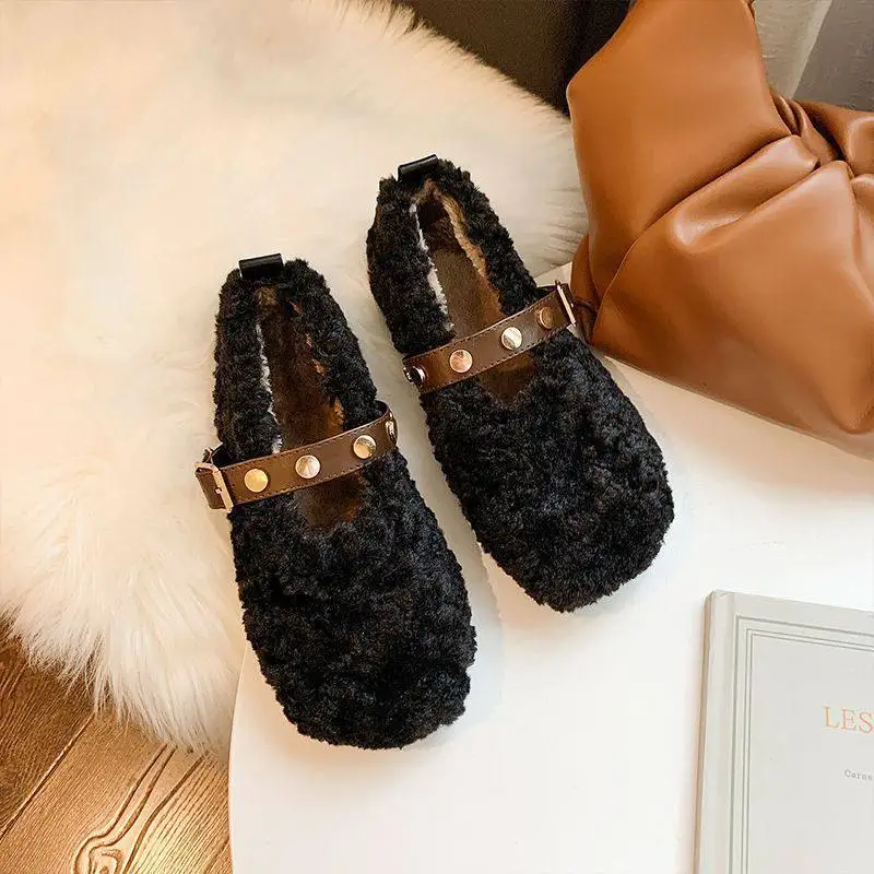 Women's Plush Shoes, Women's Outer Wear, New Autumn and Winter Plus Velvet Cotton Shoes, Mary Jane Flat-bottomed Slip-on Shoes