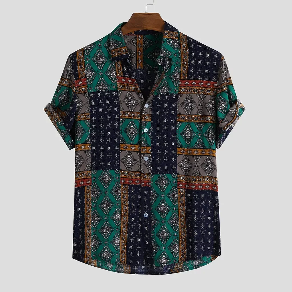 

Ethnic Style Mens Shirts Summer Color Block Print Plaid Shirt Short Sleeve Turn Down Collar Button Vintage Hawaiian Shirt #35