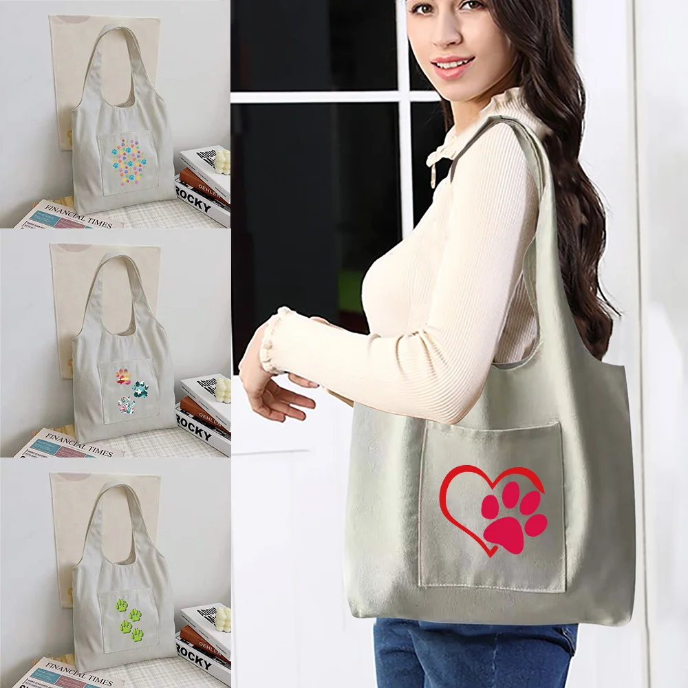 

Foldable Shopping Bag Reusable Handbag Shopper Bag Casual Ladies Canvas Large Capacity Footprints Print Shoulder Tote Bag