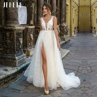 jeheth charming boho wedding dresses 2022 v neck appliques shiny a line high side split white bridal gown robe vestidos de novia