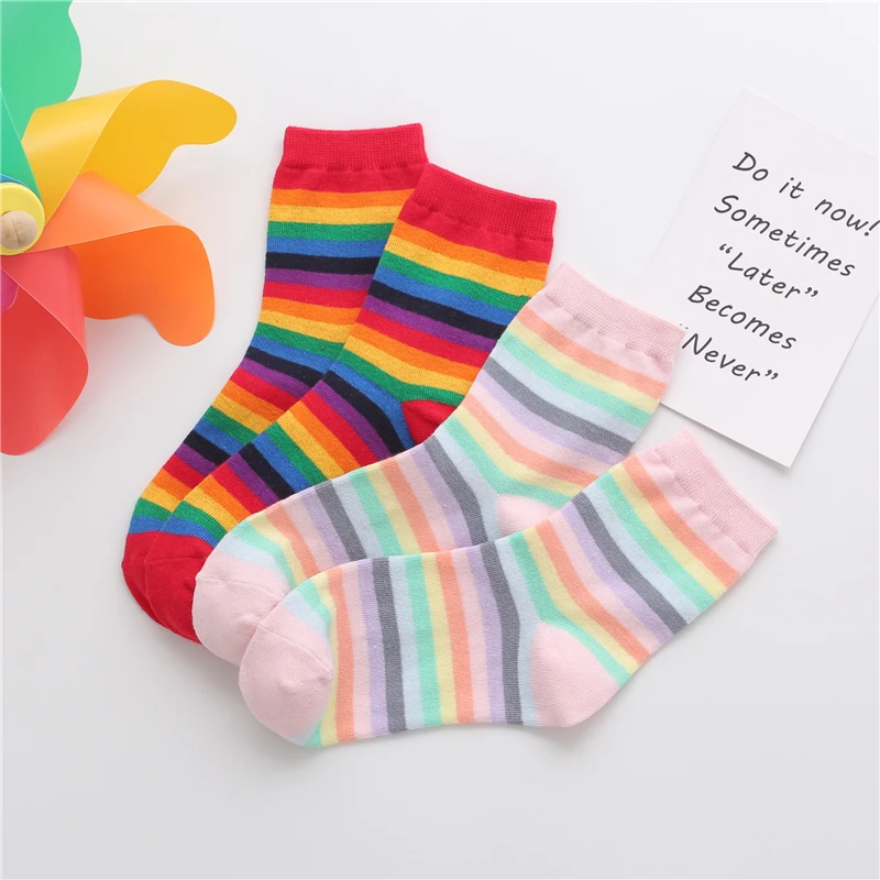 

New girl's red pink rainbow color striped printed novelty fashion socks young art funny hipster Street dance gift sock dropship