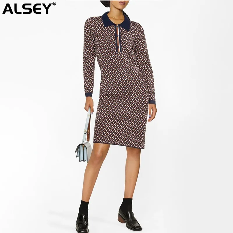 

Vintage Knitted Elegant Plaid Women Mini Dress Fall New Flip Neck Slim Long Sleeve Button Temperament Luxury Prom Dresses A05410