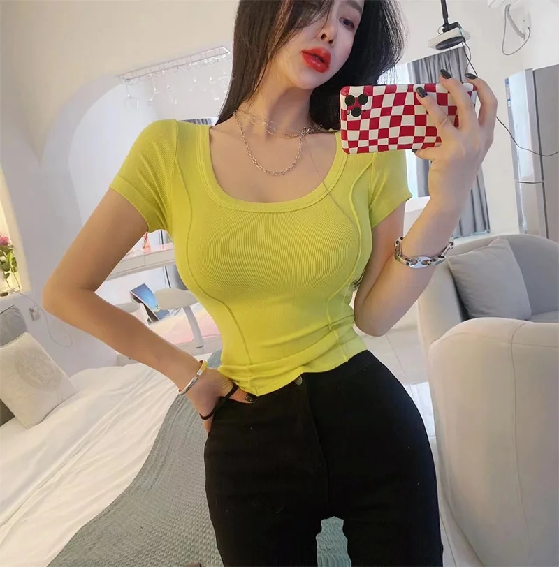 

Sexy U-neck short-sleeved T-shirt women's 2022 summer new tight-fitting short bottoming shirt top