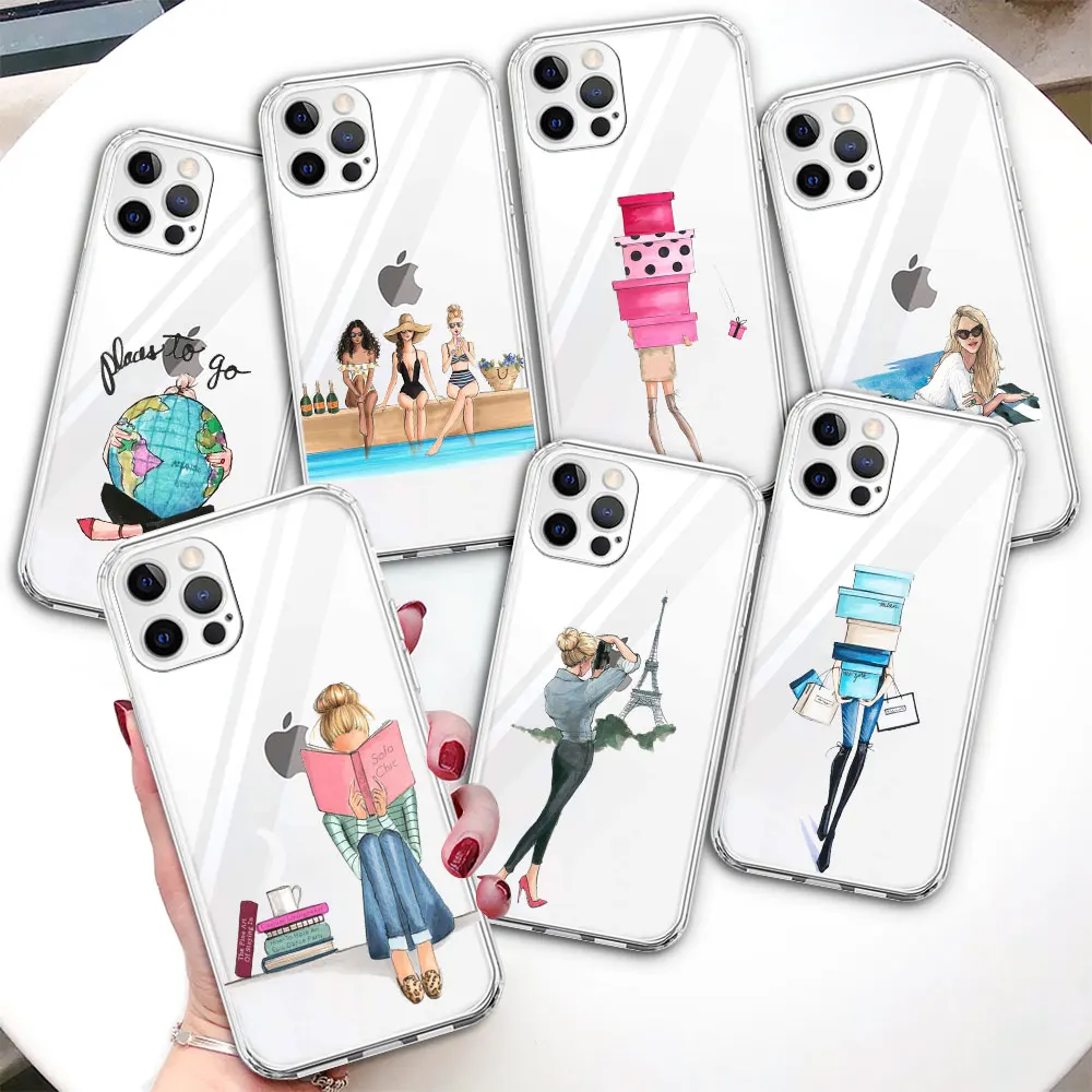 

Прозрачный чехол для телефона iPhone 14 13 12 Mini 11 Pro Max, чехлы XR XS 7 8X6 6s Plus SE 2020, чехол из ТПУ с красивой девушкой для путешествий