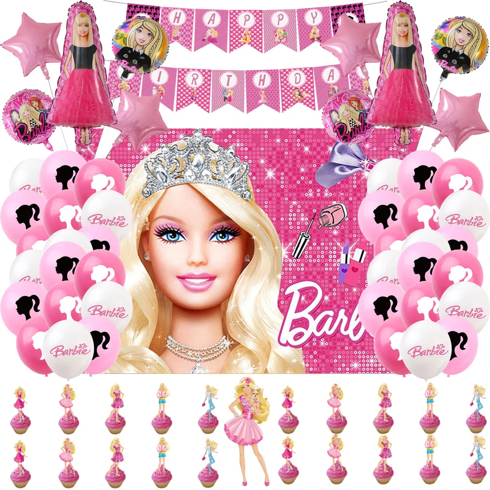 

Barbie Doll Theme Birthday Party Decorations Banner Balloon Cake Topper Hanging Swirls Backdrop for Kids Girls Pink Party Decor