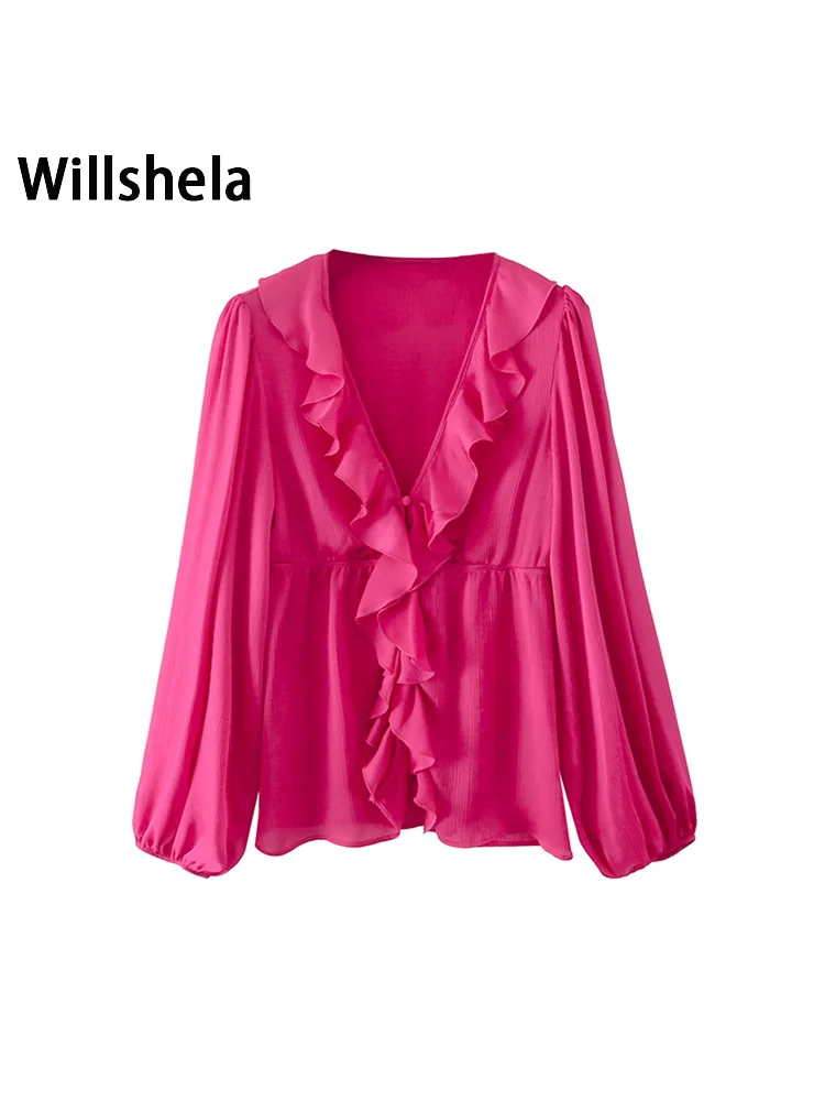 

Willshela Women Fashion Solid Ruffled Single Breasted Blouse Vintage Long Sleeves V-Neck Female Chic Lady Shirts