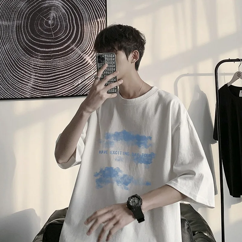 

T-shirt Men Women Summer Anime Short-sleeved Harajuku Cloud Print Hong Kong Style Fifth Sleeve Tee Preppy Hip Hop Simple Top