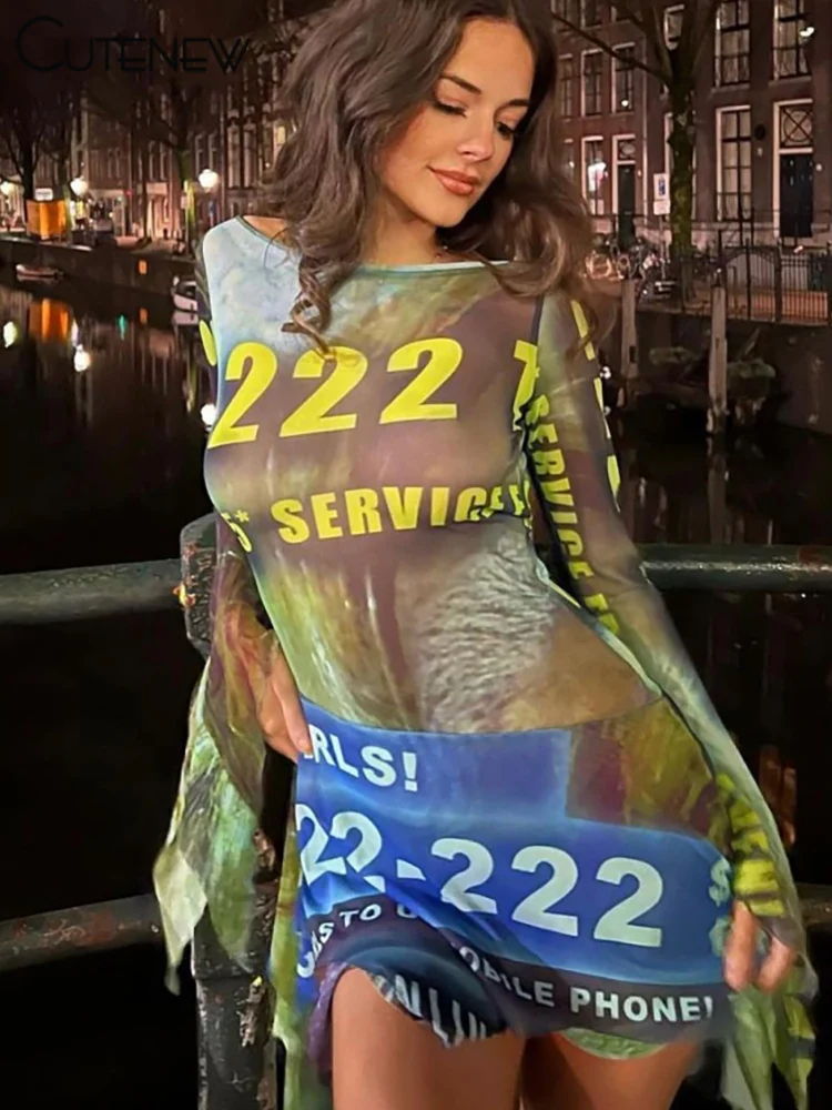 

Cutenew женское мини-платье с принтом, сексуальное облегающее плиссированное платье с длинным рукавом, круглым вырезом и шнуровкой, полуночная...