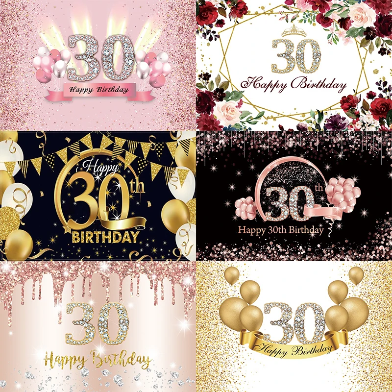 

Sweet Pink 30th Photo Backdrop Women Happy Birthday Party Black Gold Thirty Men Photograph Background Banner Decoration