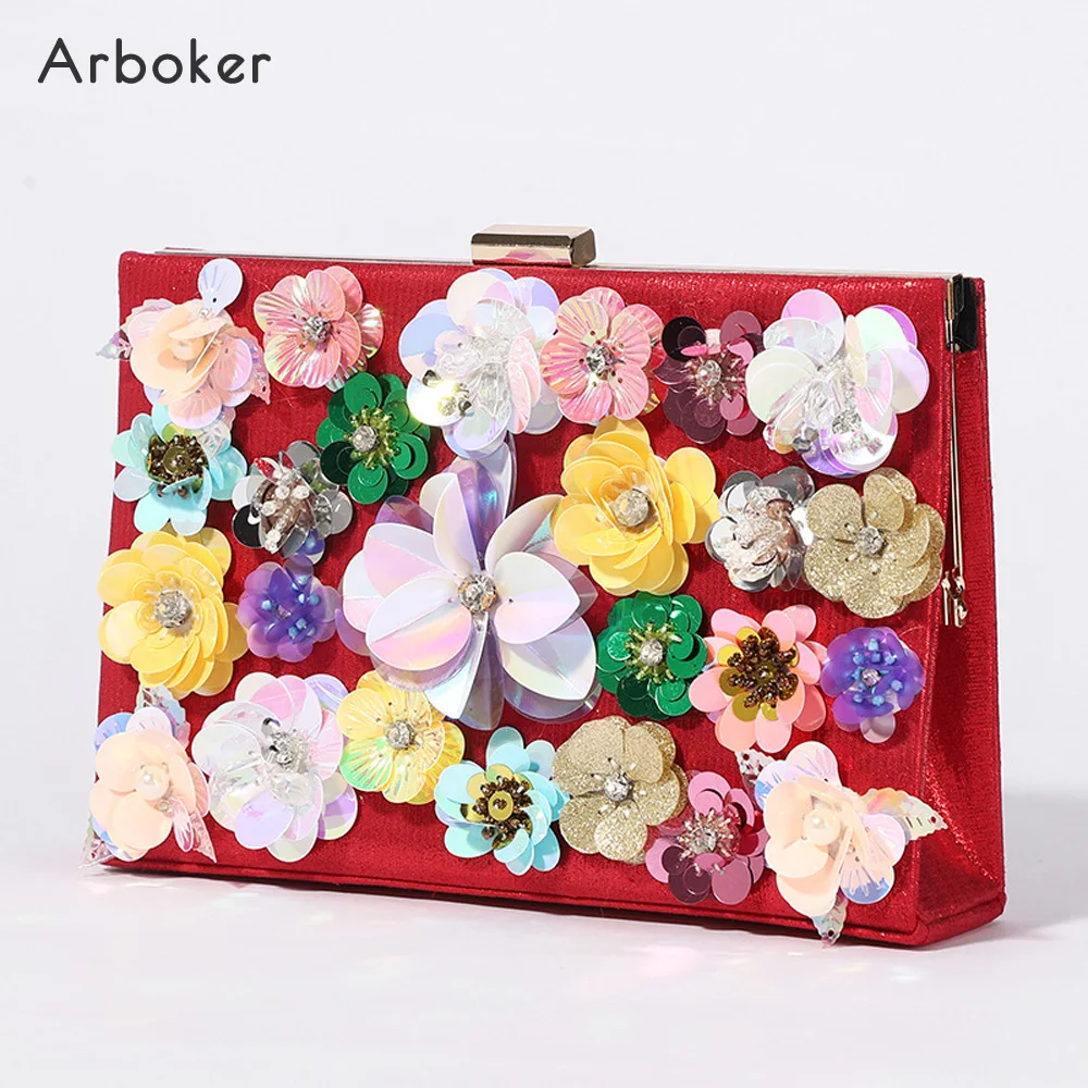 Women Floral Wallet Fashion Flowers Evening Bag Sequins Beading Diamond Handbag Female Clutch Bridal Diamond Handbag Chain Clip