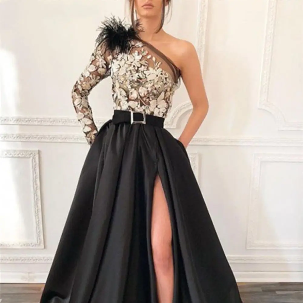 

2022 One Shoulder Prom Dress Sleeve Satin Evening Skirt Elegant Dress Women For Wedding Party Robe Soirée Vestido De Festa