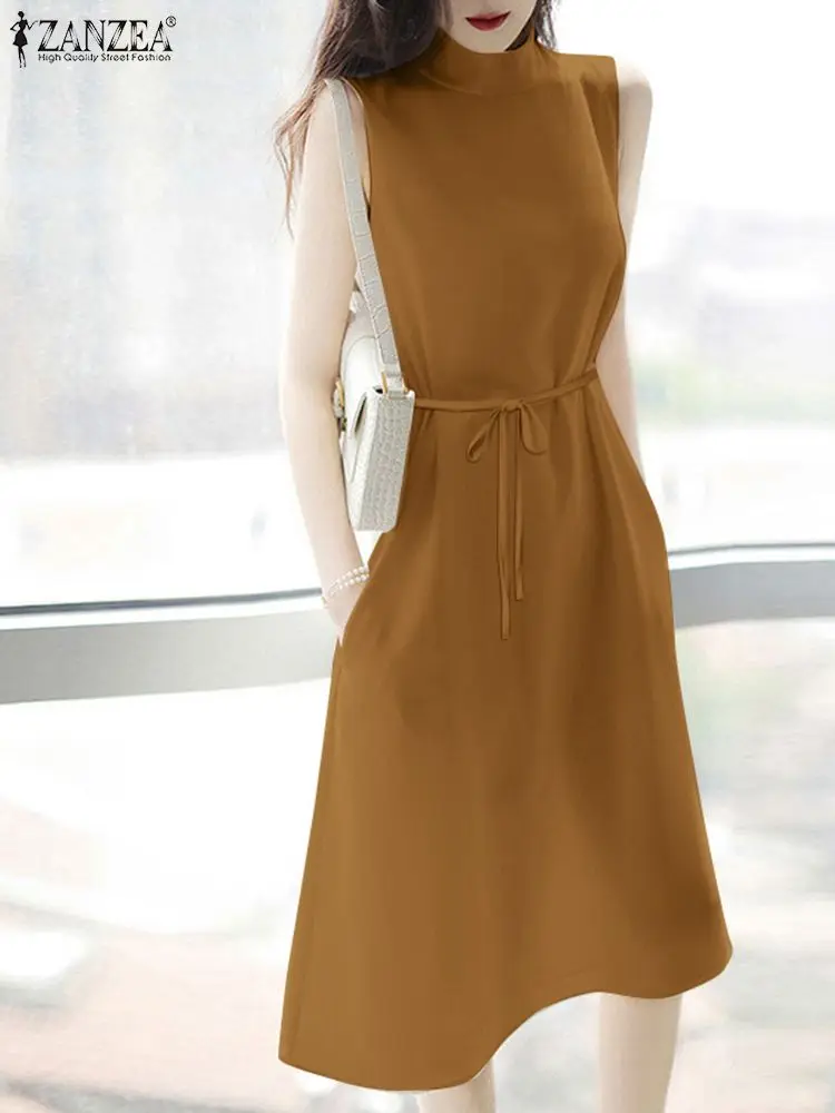 

Летнее платье-миди без рукавов ZANZEA, элегантная женская одежда для офиса, ТРАПЕЦИЕВИДНОЕ ПЛАТЬЕ на бретелях, Повседневное платье с воротнико...