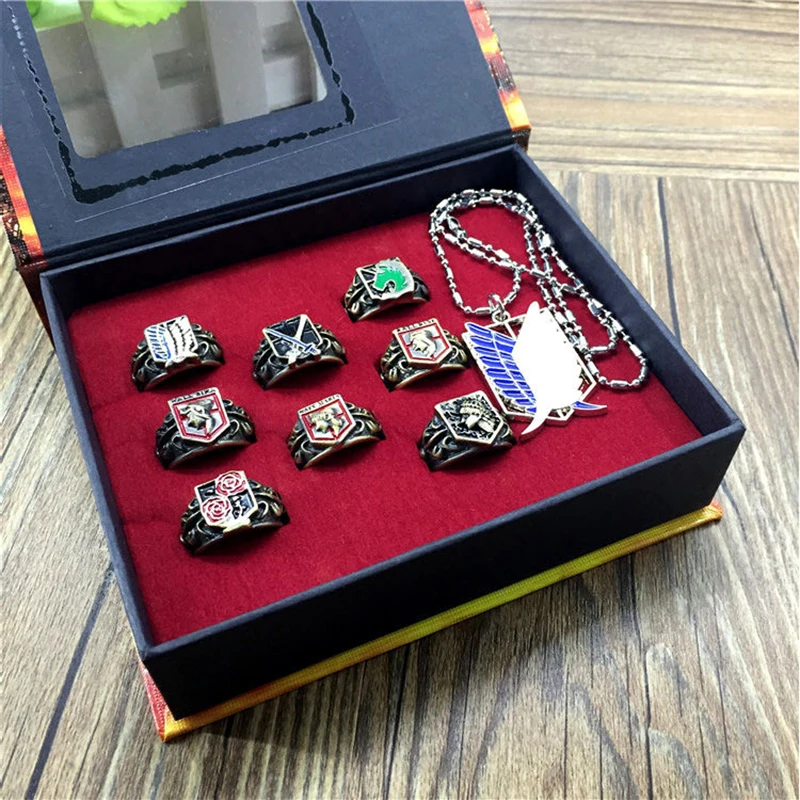 

Anime Cosplay Attack on Titan Ring Necklace Training Corps Survey Corps 8-piece Set Ornament Bronze Badge Model for anime fans