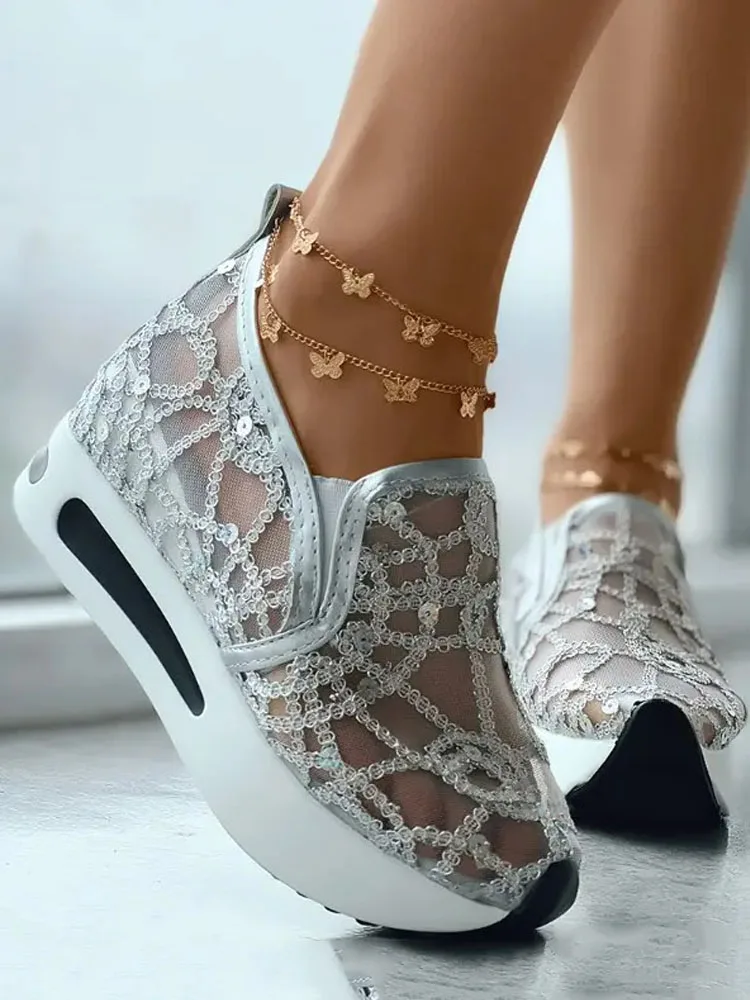 Platform Wedges women's Sneakers Embroidery Mesh Vulcanizes Shoes For Women Spring Summer Shoes Woman Free Shipping