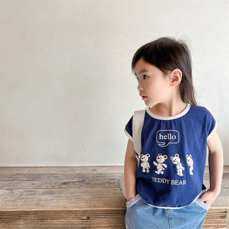 

Children's 2023 Summer New Line Girls' Korean Print Raglan Sleeve Children's Tank Top T-shirt