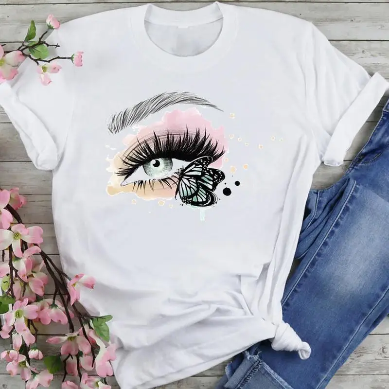

Women Sweet Watercolor Butterfly Eyelash Cartoon Summer Fashion Lovely Clothes Print Short Sleeve Tops Tees Tshirt T-Shirt