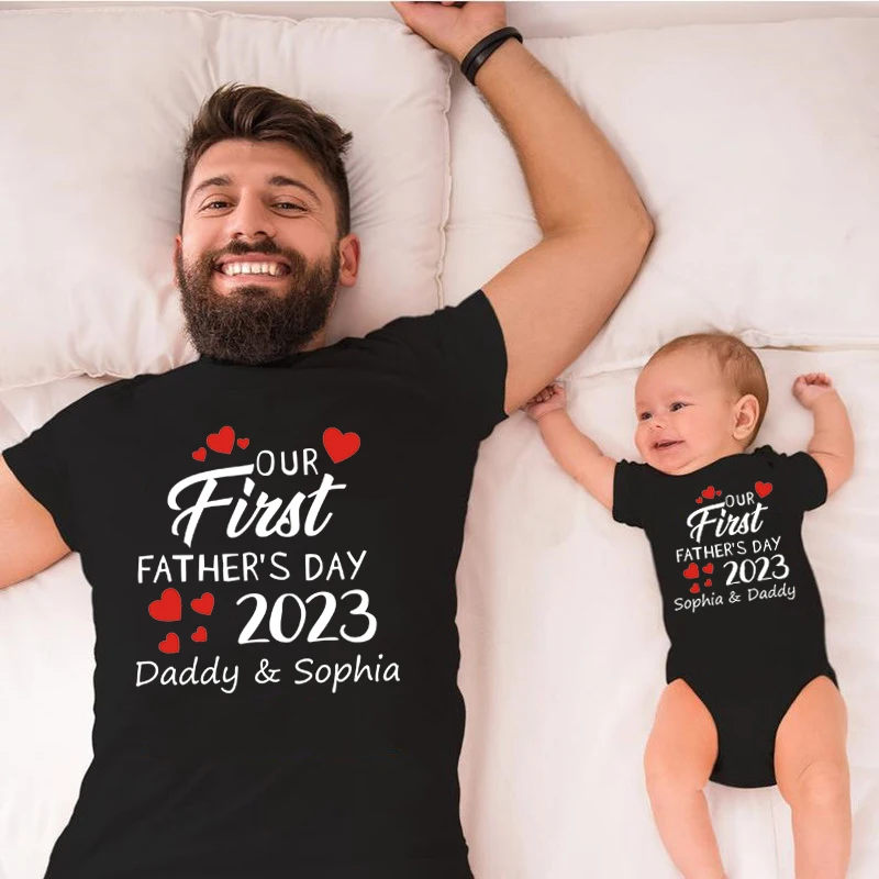 Custom Name Our First Father's Day 2023 Daddy and Daughter Son Family Match Outfits Baby Bodysuit Fathers Day Personalized Gifts