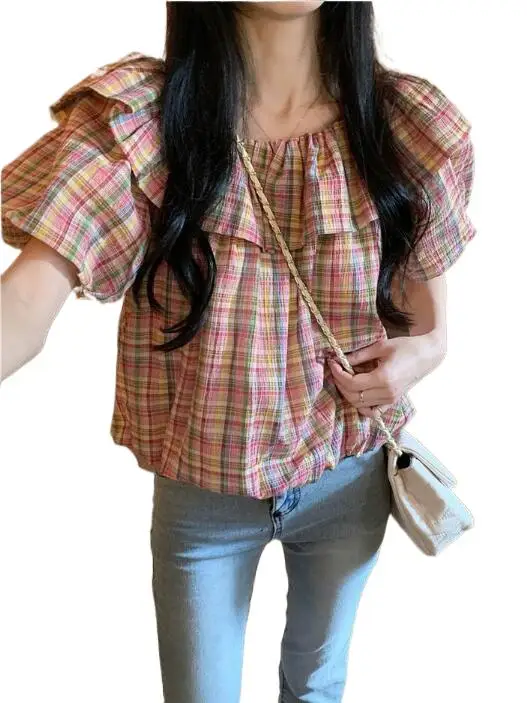 

Новые летние девичьи хлопковые дизайнерские очаровательные милые женские короткие топы в клетку с коротким рукавом в стиле ретро Дышащие модели