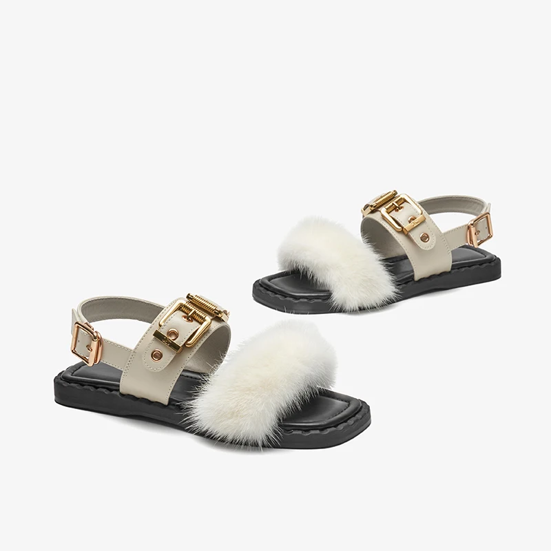 

2022 Summer flat Sandals Women shoes Cow Leather Square Toe Mink design Buckle Strap Elegant Female Flat Shoes bohemia sandalen