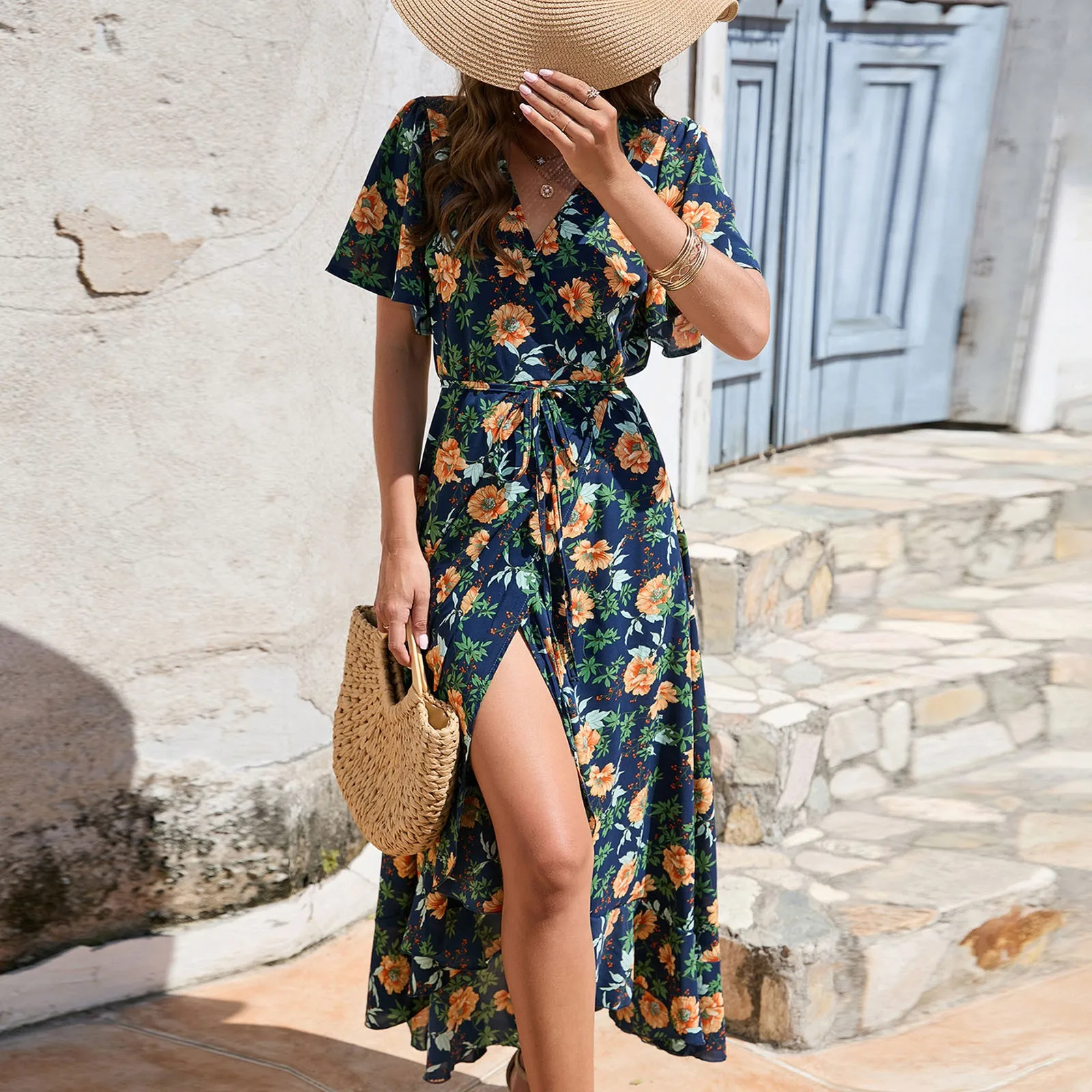 Elegant Casual Beach Midi Dresses Women Summer Printed V-neck Short Sleeve Empire Waist A-Line Dress Sundress Vestido Robes