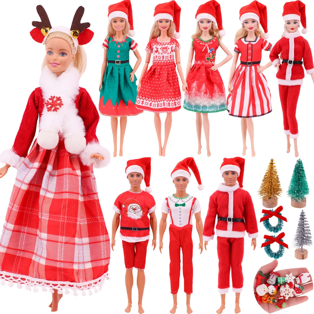 

Christmas Suit For 11.8 inch Barbies Doll Girl's Ken Prince Santa Hat+Skirt/Pants Resin Mini Christmas Tree Barbie Clothes Gifts