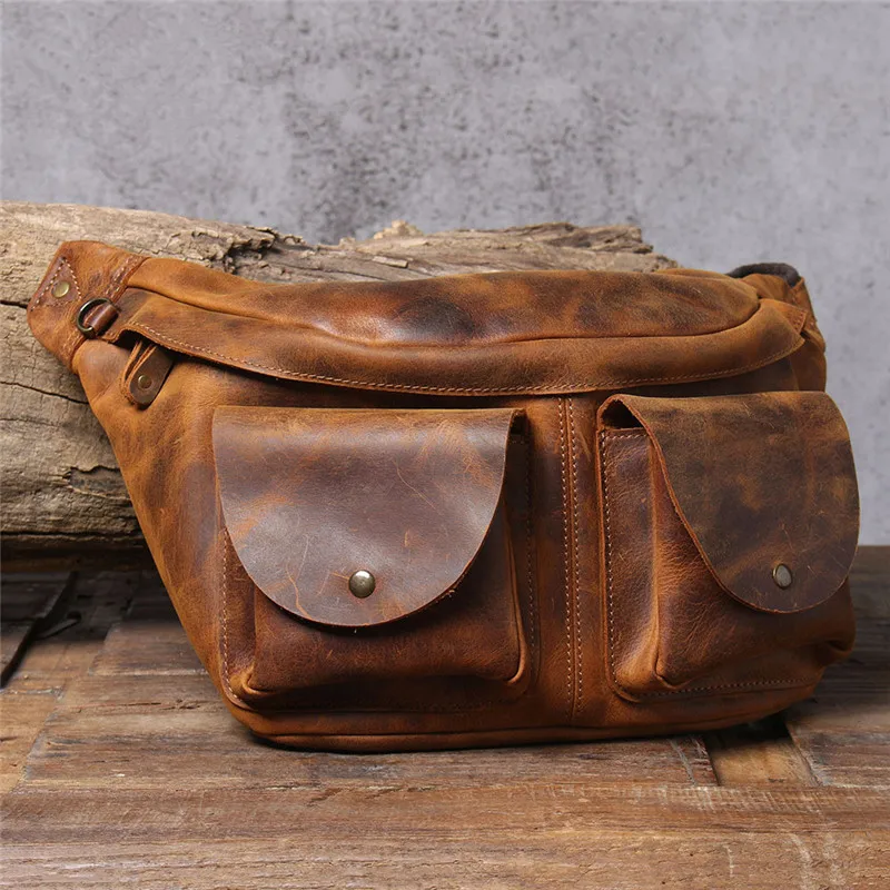 Casual vintage crazy horse cowhide chest bag men's first layer cowhide crossbody bag genuine leather large capacity waist packs