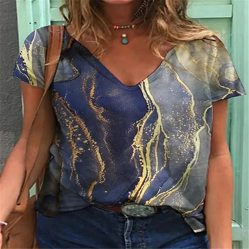 

2022 New Summer Women's Short Sleeve Abstract Graffiti Pattern Casual Women's T-Shirt V-Neck 3D Printing Fashion Shirt Top