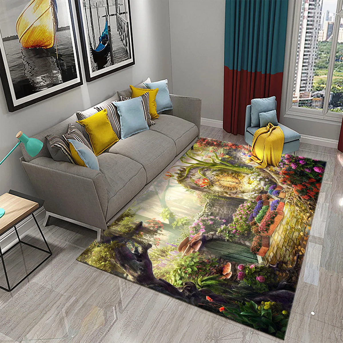 

Colorful Magic Forest Flower Carpet Psychedelic and Dream Forest with Animal Living Room Bedroom Bathroom Entrance Non-Slip Rugs